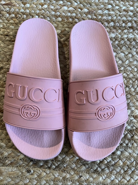 Gucci Shoes - Gucci Blush Pink Rubber Logo Slides